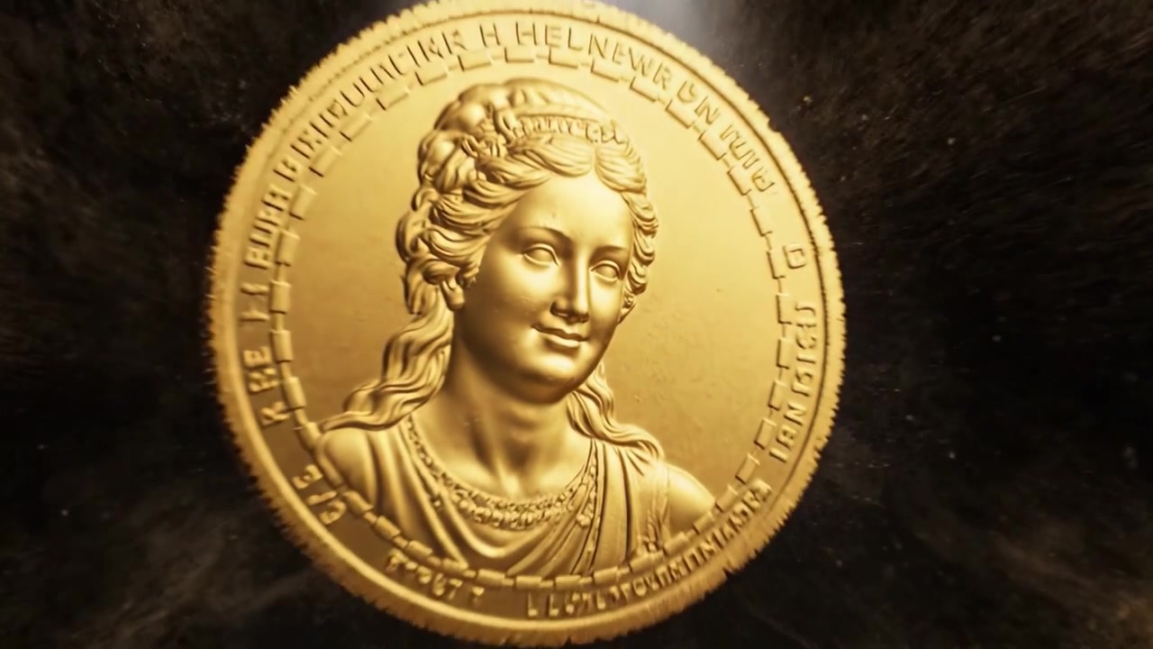 Una maestosa moneta d'oro sotto i riflettori: una rappresentazione artistica con una figura classica, evidenziata su uno sfondo stellato scuro.
