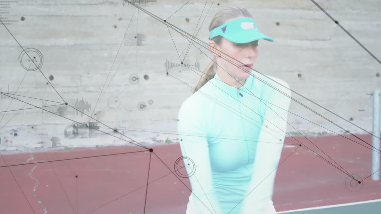 Woman swinging tennis racket on outdoor court, featuring animated sports analytics data overlay