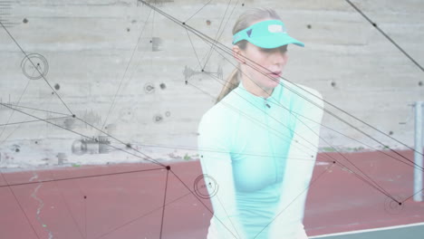 woman swinging tennis racket on outdoor court, featuring animated sports analytics data overlay