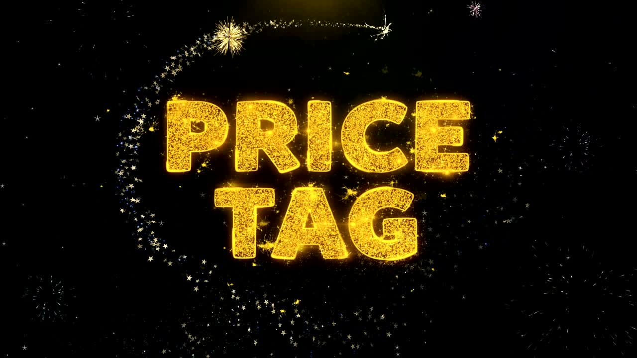 Price Tag Text on Gold Particles Fireworks Display.