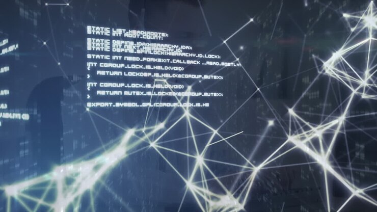 Animation of connected dots over computer language and bars against abstract background