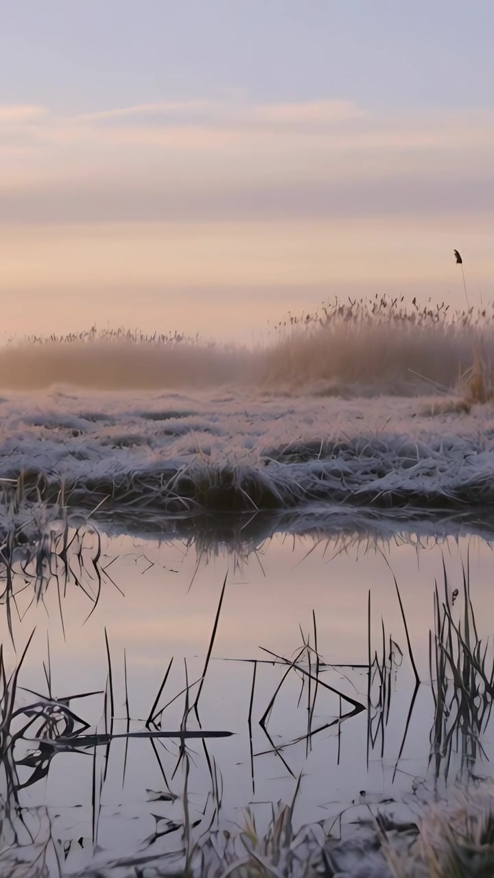 Vertikal video: Skiftende lys og drivende tåge over frossen mosepyt, der spejler himlen og en siddende fugl