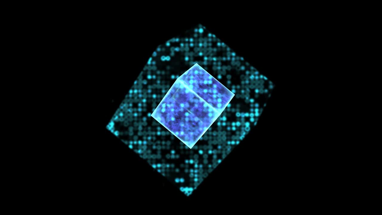 cubo cuántico energía del núcleo futurista superficie borrosa animación digital luz antecedentes de datos de proceso