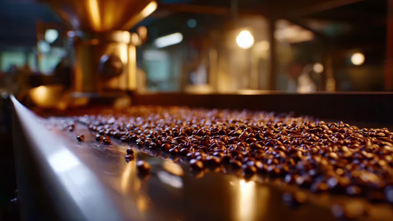 High-Quality Coffee Beans on a Conveyor Belt in a Roasting Facility, Showcasing the Distinctive Color and Gloss of Freshly Processed Arabica Beans