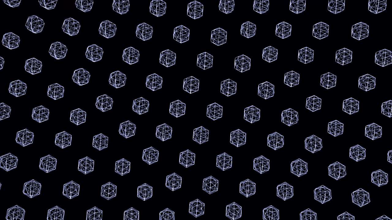 muchas filas de pequeños dodecaedros marcos balanceándose en fondo negro, bucle sin costuras. animación. figuras geométricas transparentes girando y moviéndose, monocromáticas