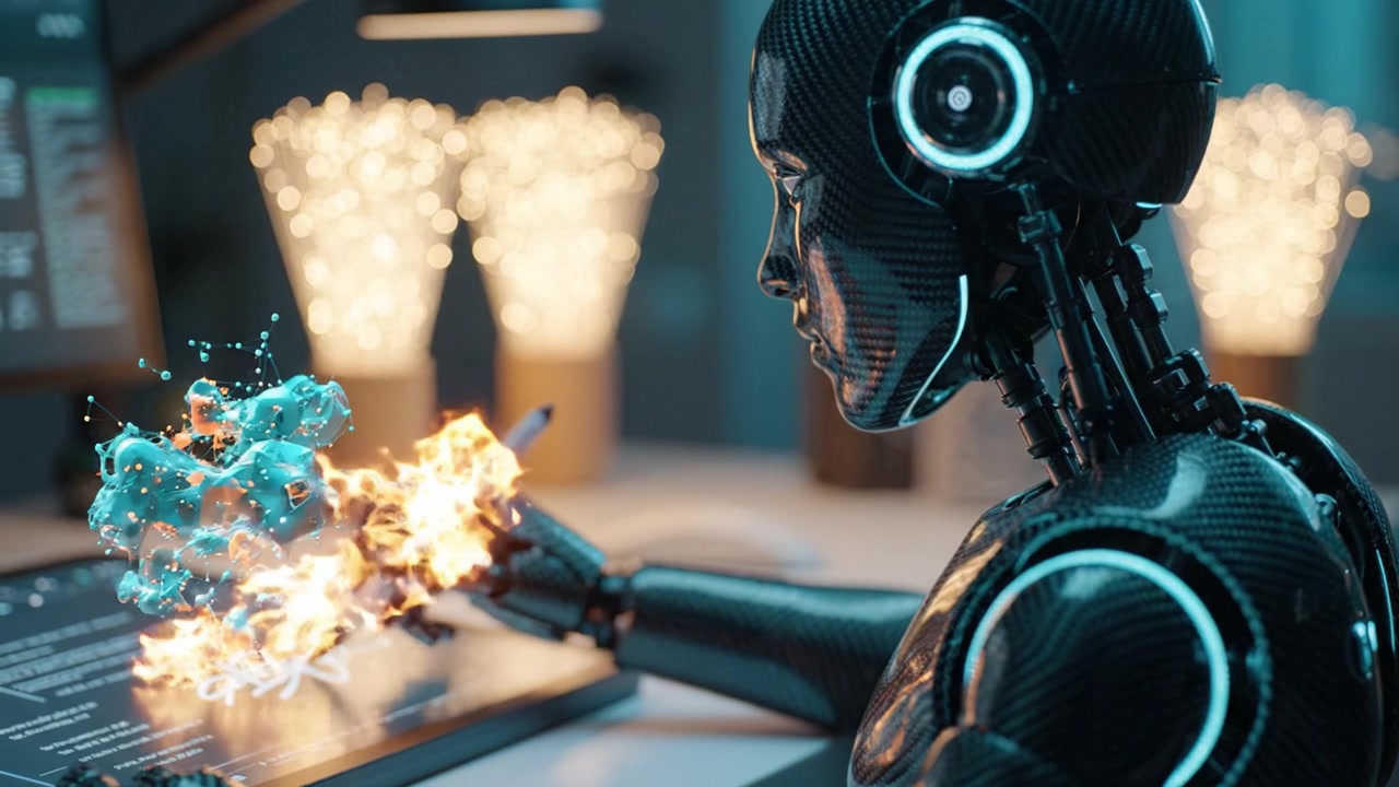 Futuristic robot artist utilizing advanced technology to create stunning visual effects and digital artwork, blending creativity and artificial intelligence seamlessly.