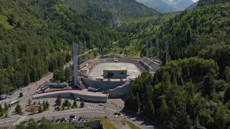 aerial revealed the iconic sports complex of medeu ice rink near almaty, kazakhstan