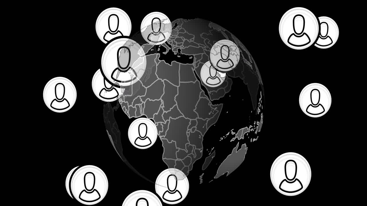 animación de íconos de personas digitales y procesamiento de datos en todo el mundo sobre fondo negro