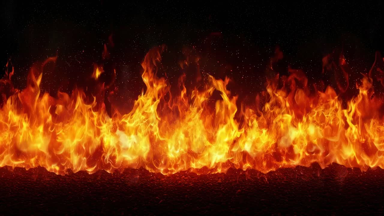 Ein dynamisches Video intensiver Flammen, aus einem niedrigen Winkel aufgenommen, das lebendige Orange- und Rottöne zeigt