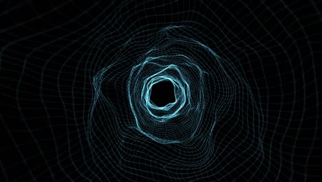 minimal motion graphic background with glowing wormhole geometric mesh. flight animation through abstract light blue tunnel