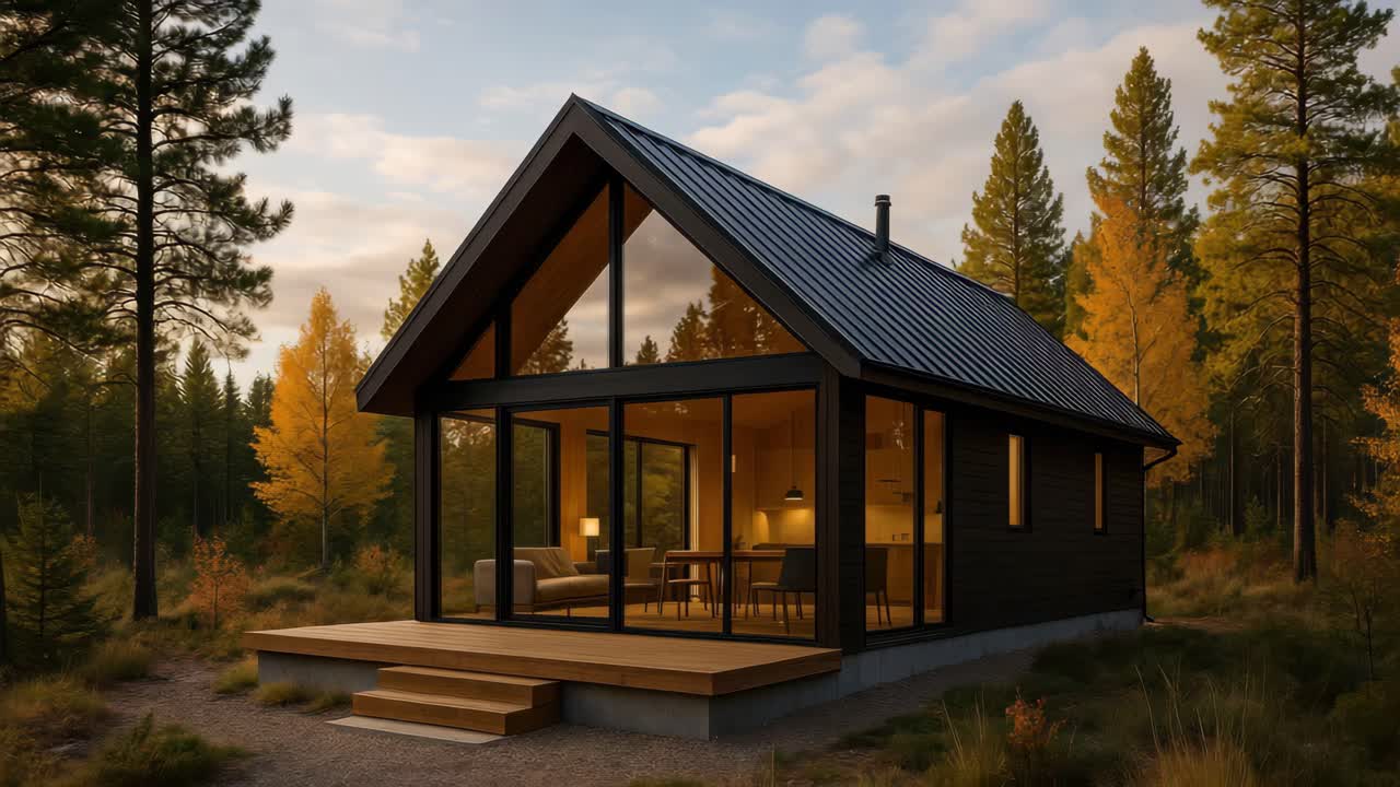 A-frame cabin in a forest setting, captured at eye level