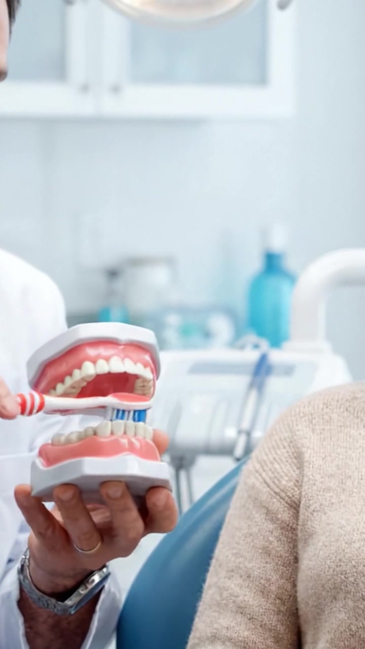 Comprendere la salute dentale: l'importanza dell'igiene orale dimostrata con un modello dentale in un moderno studio dentistico