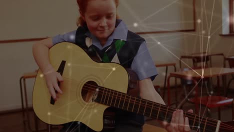 Animation-Des-Netzwerks-Von-Verbindungen-über-Ein-Schulmädchen,-Das-Mit-Gitarre-Spielt