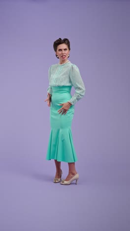woman in vintage teal outfit expressing different emotions