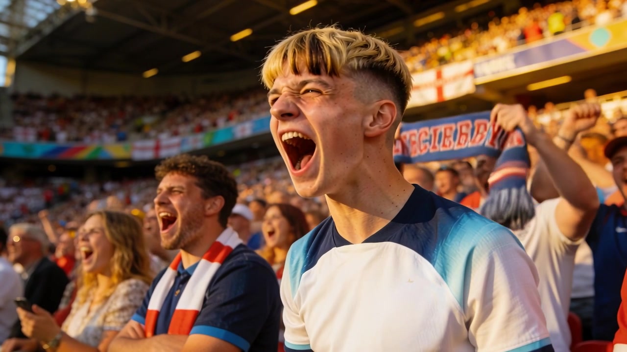 Después de una oportunidad de gol, un adolescente con camiseta blanca y azul levanta el puño y grita en el estadio, mientras los aficionados agitan bufandas.