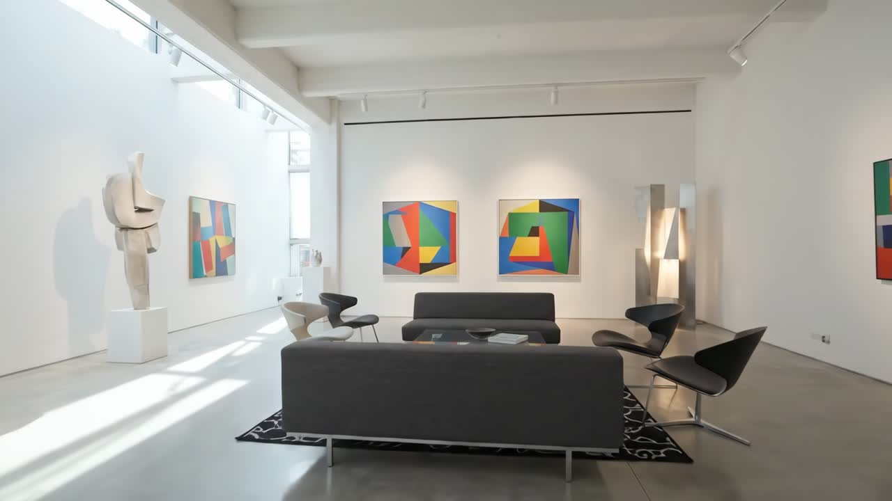 Interno di una moderna galleria d'arte con dipinti astratti e sculture