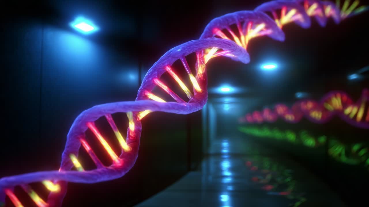 A Visual Exploration of a DNA Helix: Discovering the Intricacies and Beauty of Genetic Material Illuminated in a High-Tech Laboratory Setting, Highlighting the Intersection of Science and Art