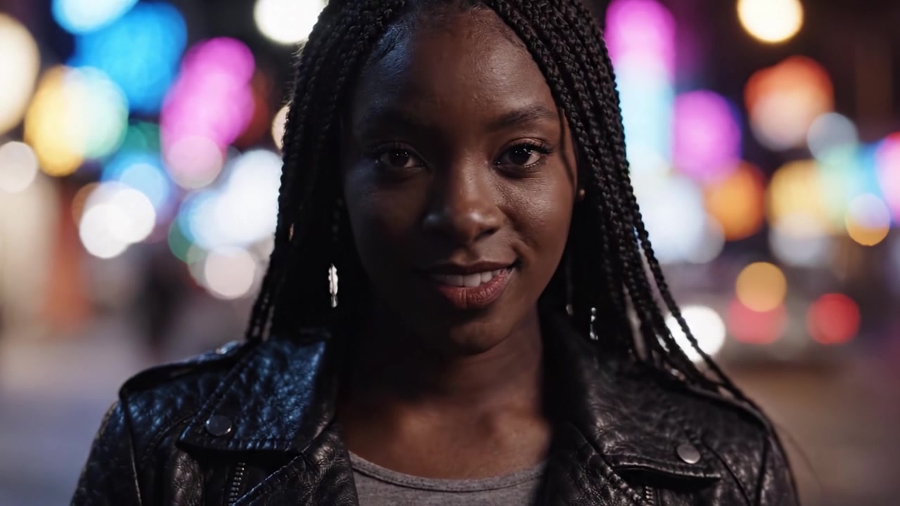 Une jeune femme aux cheveux tressés, rayonnant de confiance, se tient au milieu d'une nuit urbaine vibrante, illuminée par des lumières colorées qui créent un décor urbain captivant