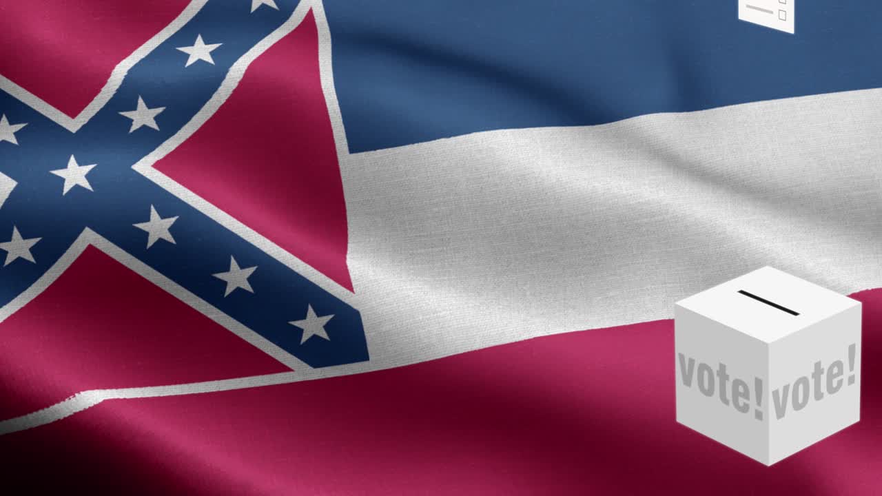 미시시피 주 - 투표용지가 미시시비 선택을 위해 상자에 날아갑니다 - 발 앞의 투표용지 - 선거 - 국가 발 미시시 피 주 파동 패턴 루프 가능한 요소 - 직물 질감과 끝없는 루프 - 미시시미 주 루프 가능한 발