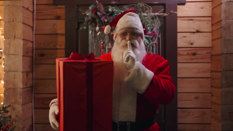 retrato de primer plano del papá noel secreto con un dedo en la boca haciendo tsh. la cámara pasa del primer plano al general. plano general y retrato de santa cerca de la casa decorada