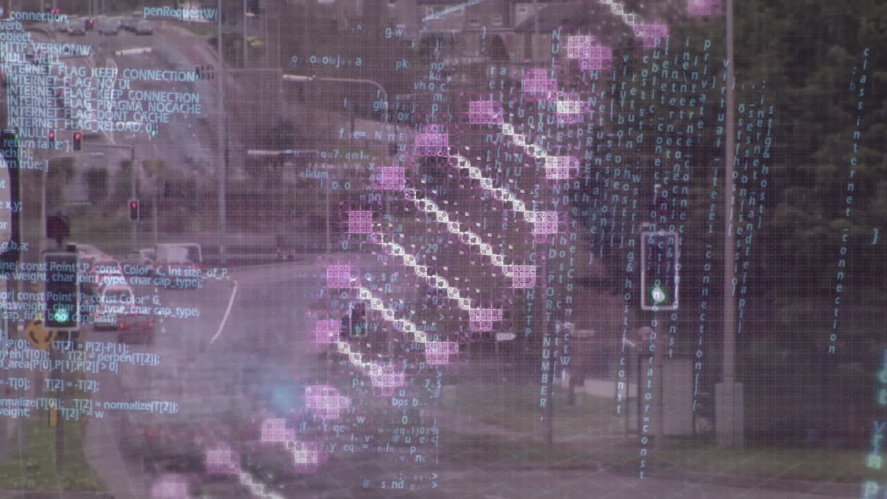 Animation of dna strand and data processing over cityscape