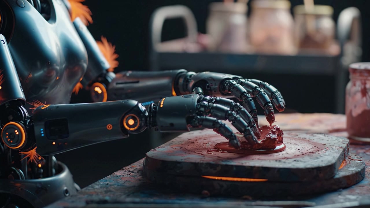 En futuristisk robotkunstner skaber dygtigt indviklede designs ved hjælp af levende rød maling på en tekstureret overflade, hvilket viser sammensmeltningen af teknologi og kreativitet.