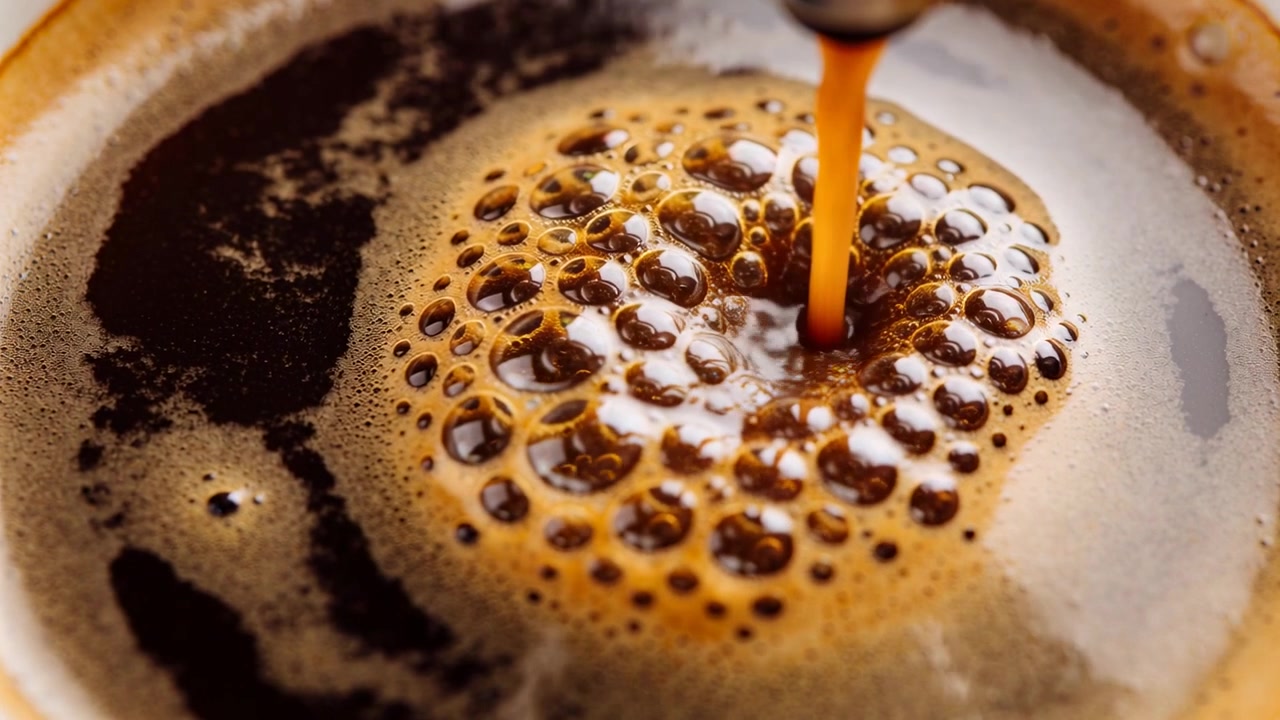 Avvio dell'erogatore dell'espresso, getto di espresso che si versa nella tazza al bar, crema che si forma per essere servita.