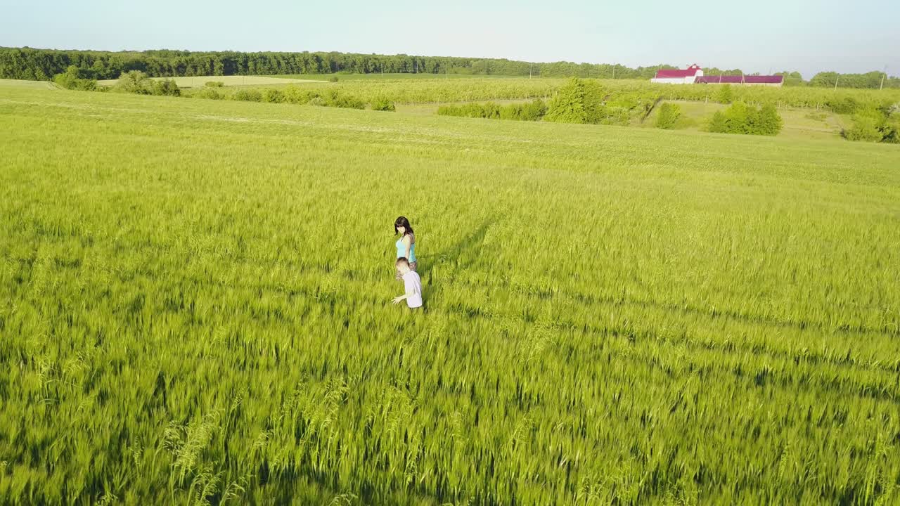 Mother And Son Walking In Nature. Mother having fun with his son in the green wheat field