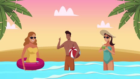escena de paisaje marítimo de verano en la playa con jóvenes