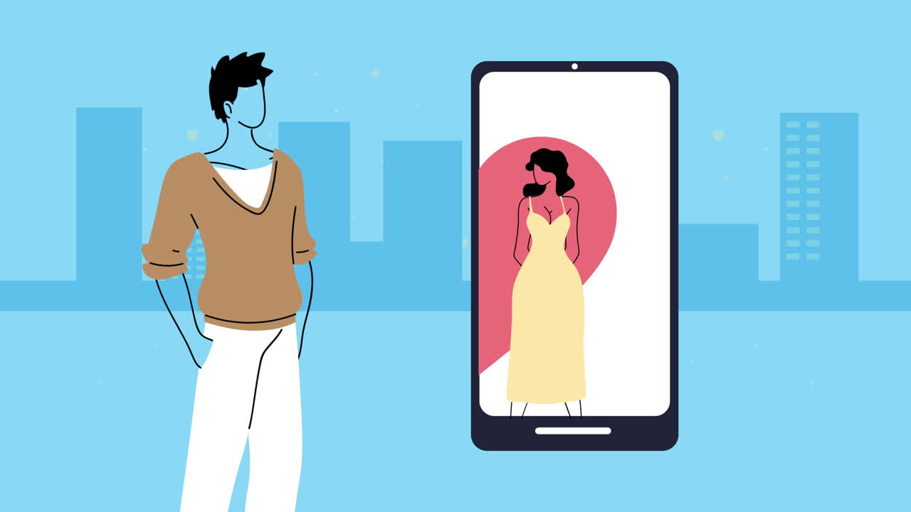 joven pareja de amantes personajes en el teléfono inteligente