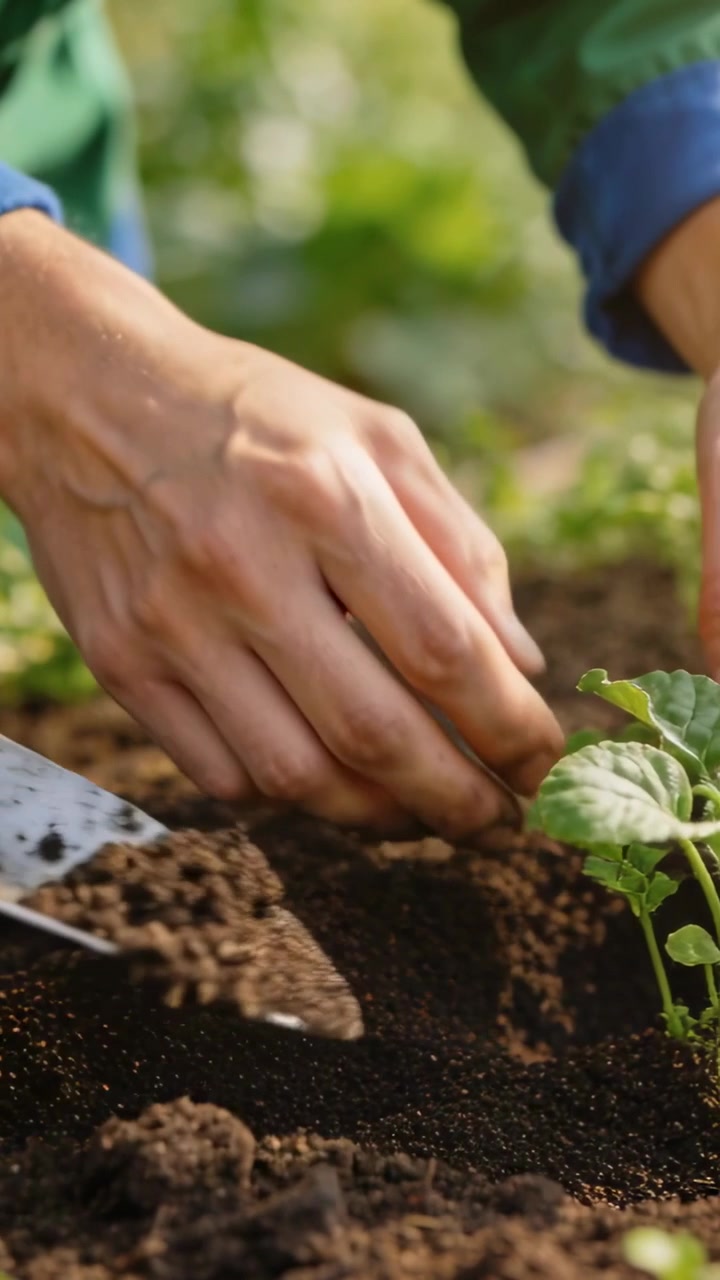 Video vertical: Manos con abrigo verde y puños azules colocando una plántula en tierra de jardín con una paleta de jardinería.