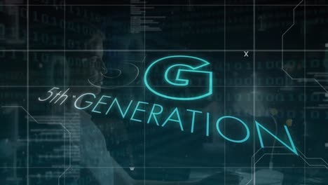 animation of 5g 5th generation text over data processing and caucasian businesswoman