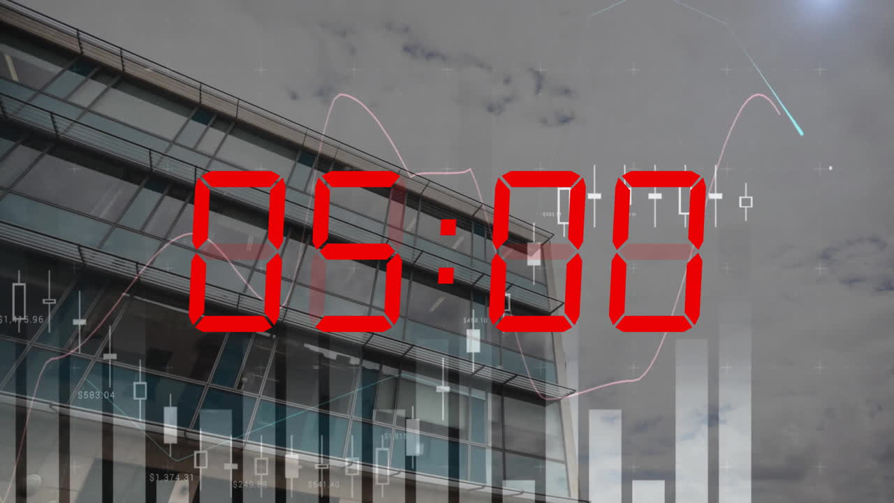 animación de diagramas y cuenta atrás sobre el paisaje urbano