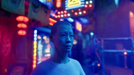 a portrait of an elderly man standing on a street with glowing neon signs and lanterns