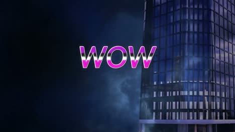 animación del texto wow sobre el rayo y el paisaje urbano