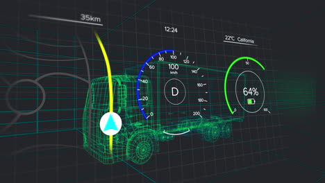 Animation of arrow on line, speedometers, numbers, text, 3d model of truck against black background