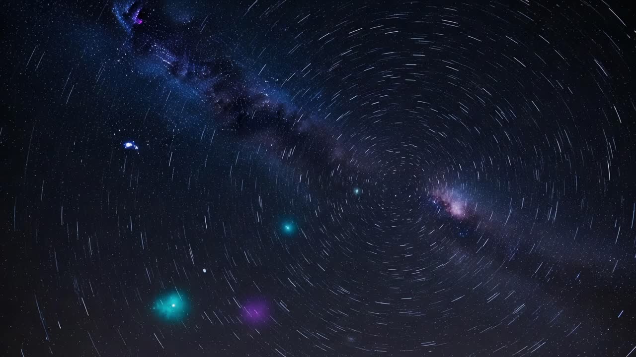 A Stunning Time-Lapse of the Celestial Sphere: Capturing the Mesmerizing Dance of Stars and Colorful Cosmic Bodies in a Starry Night Sky
