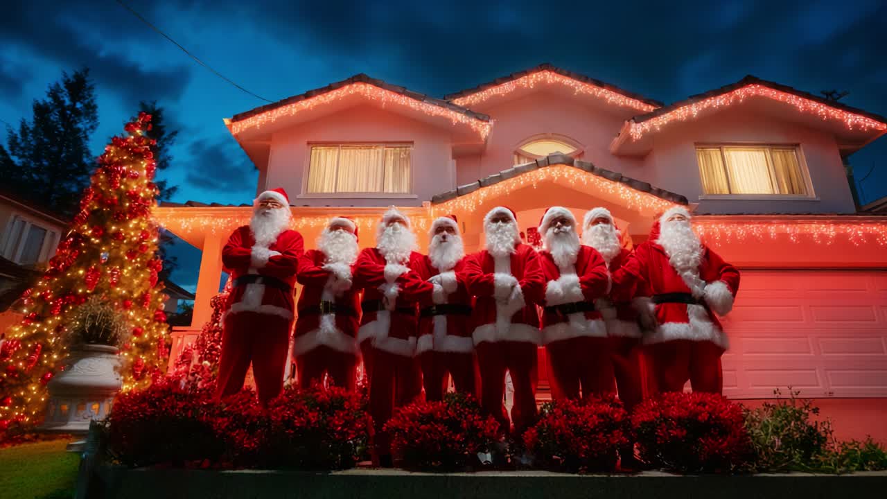 A Festive Gathering of Santas in Front of a Beautifully Decorated House with Sparkling Lights and a Colorful Christmas Tree, Capturing the Joyous Spirit of the Holiday Season during Evening Hours