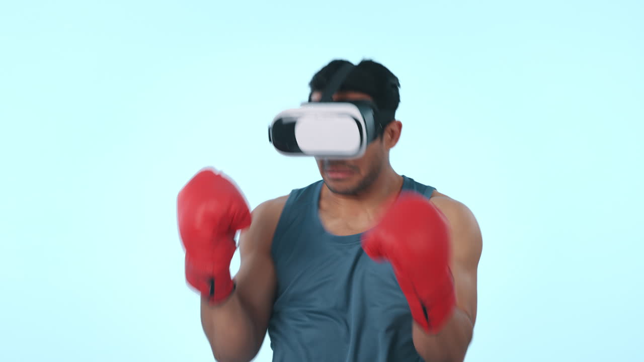 hombre, boxeo y gafas de realidad virtual por estudio
