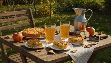 a cozy autumn table setting featuring delicious pies, refreshing drinks, and fresh apples surrounded by fallen leaves in a beautiful garden