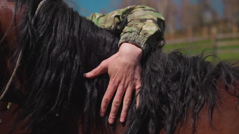 Man-hand-pets-chestnut-horse-with-black-mane-neck-at-ranch
