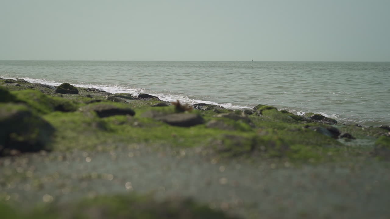 небольшие волны разбиваются о скалистый берег, замедленная съемка