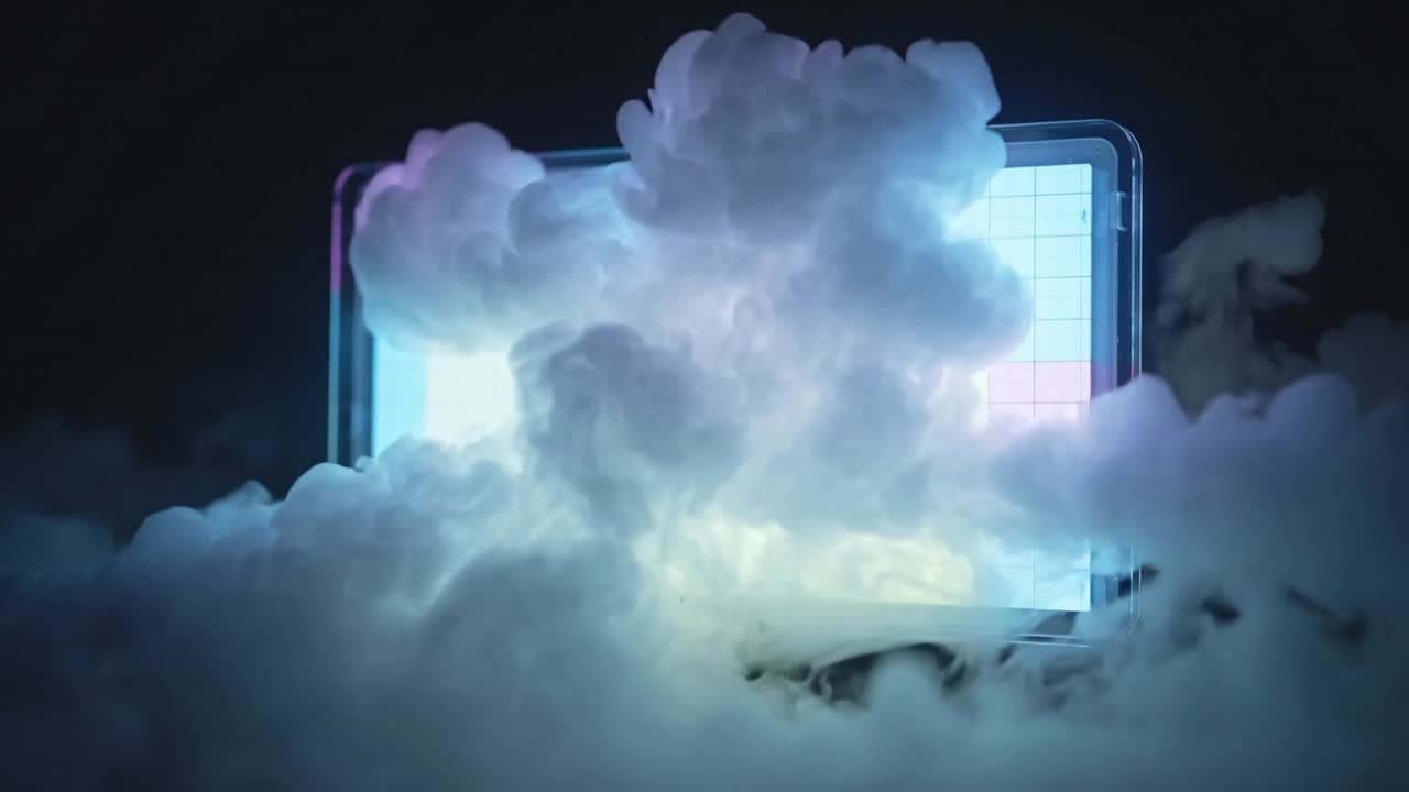 Creeping fog rising from fog generator in studio, making mood lighting, tinting monitor pastel grid