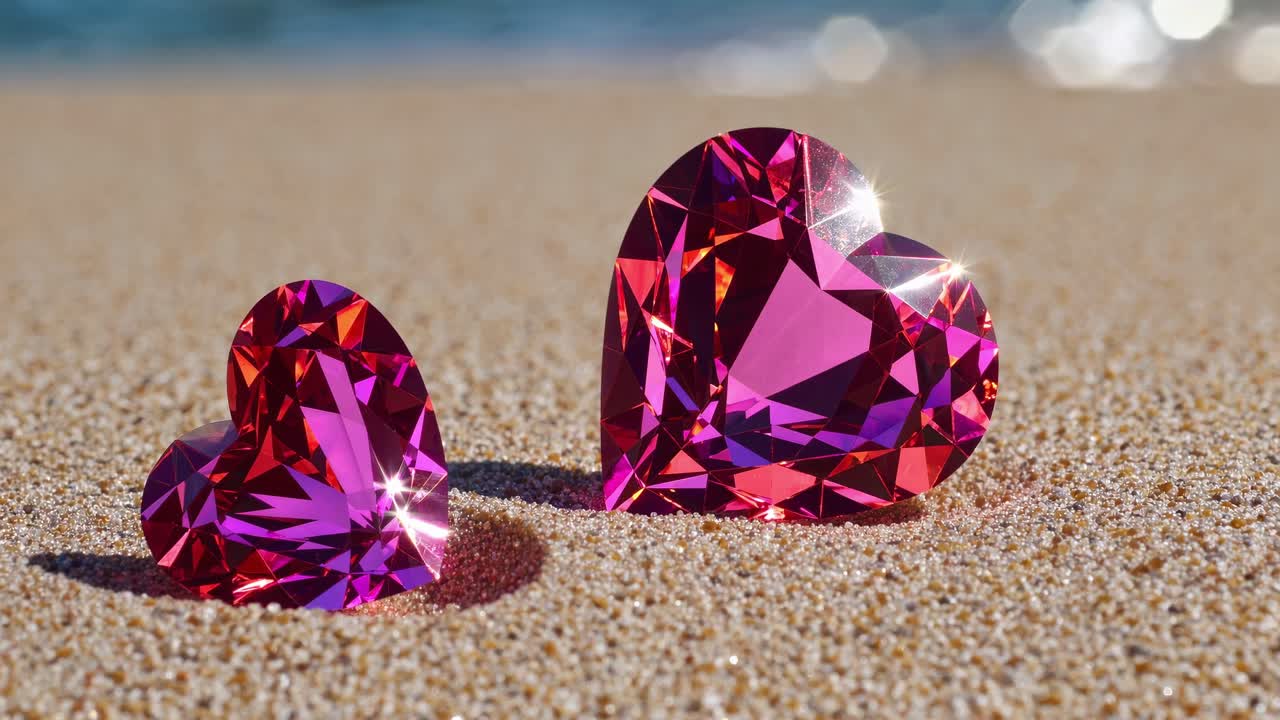 Sparkling heart shaped gemstones resting on sandy beach, larger stone radiating pink hues, glistening under bright sunlight with gentle ocean waves softly breaking in background