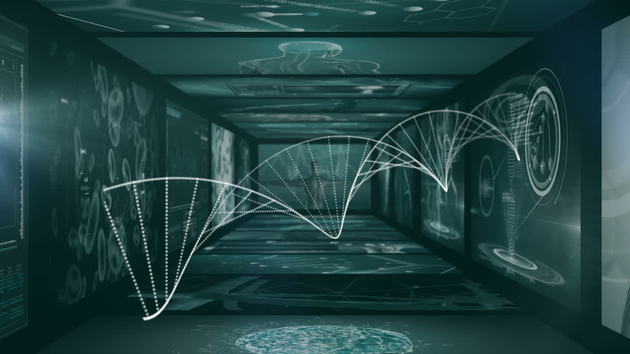 검은색 배경에서 데이터 처리에 대한 dna 가닥의 애니메이션