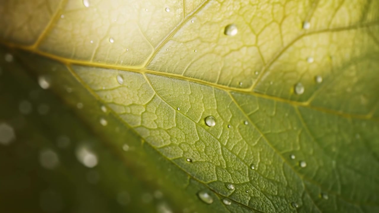 Close macro of single green leaf with prominent diagonal midrib, tiny clear droplets, and soft directional light across textured epidermal surface, creating fresh natural botanical texture and calm