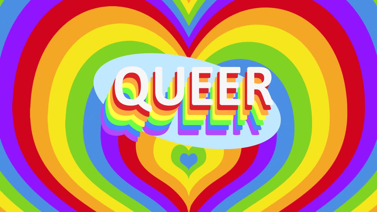 animación de texto queer sobre corazones arco iris
