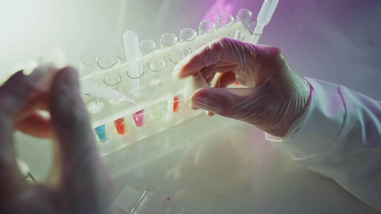 Nhà khoa học đeo găng tay thực hiện thí nghiệm trong phòng với ống nghiệm và pipet