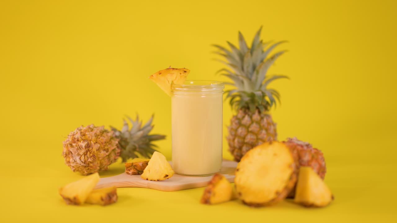Hand garnishes creamy smoothie with pineapple in bright studio featuring tropical fruit and yellow background