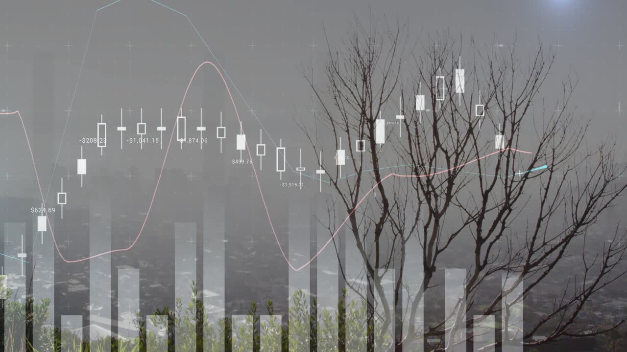 On start chart fading in, candlesticks, bars and moving average fluctuating to show market trend
